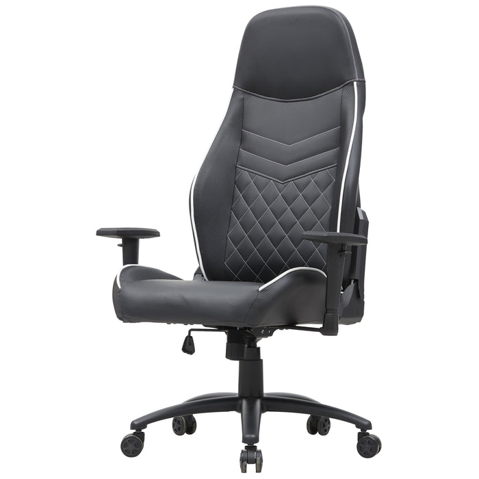 Angled view of modern black and white faux leather and strong iron adjustable gaming chair on white background