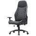 Angled view of modern black and white faux leather and strong iron adjustable gaming chair on white background