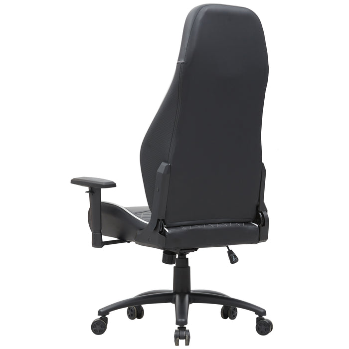 Angled back-facing view of modern black and white faux leather and strong iron adjustable gaming chair on white background
