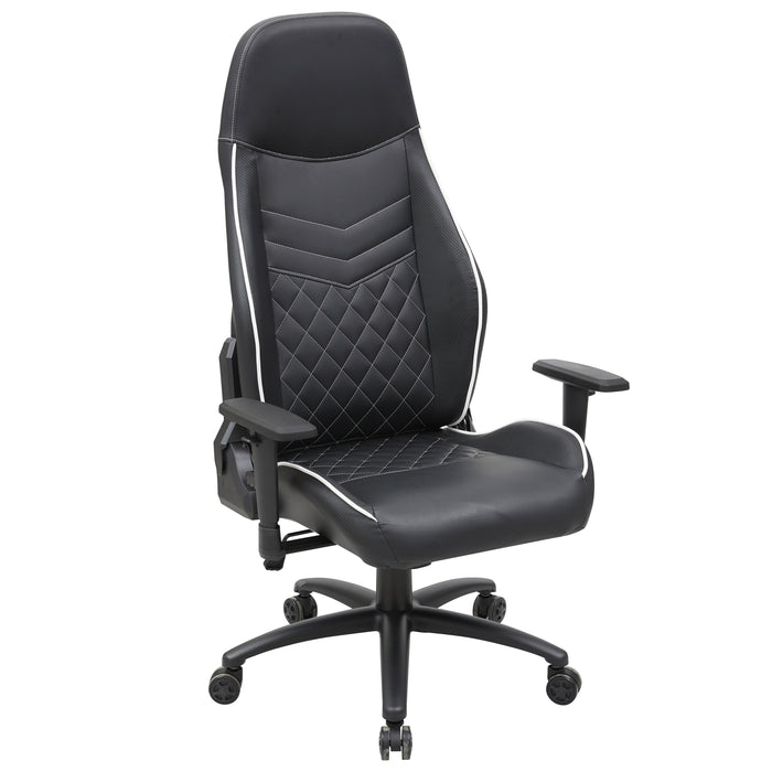 Angled, elevated view of modern black and white faux leather and strong iron adjustable gaming chair on white background