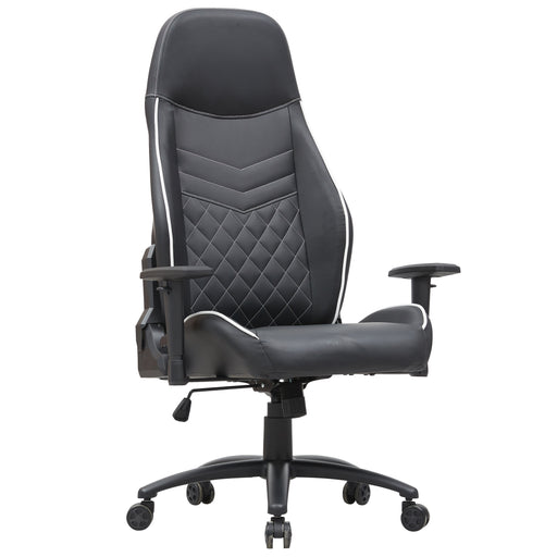 Angled view of modern black and white faux leather and strong iron adjustable gaming chair on white background
