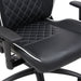 Angled partial lower front view of modern black and white faux leather and strong iron adjustable gaming chair on white background