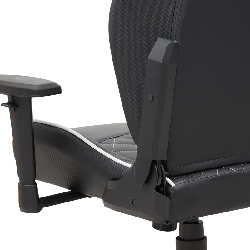 Angled partial mid-back facing view of modern black and white faux leather and strong iron adjustable gaming chair on white background