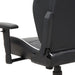 Angled partial mid-back facing view of modern black and white faux leather and strong iron adjustable gaming chair on white background