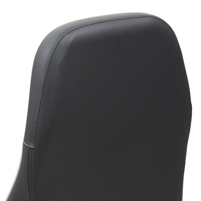 Angled partial top-back facing view of modern black and white faux leather and strong iron adjustable gaming chair on white background