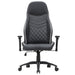 Front-facing view of modern black and white faux leather and strong iron adjustable gaming chair on white background