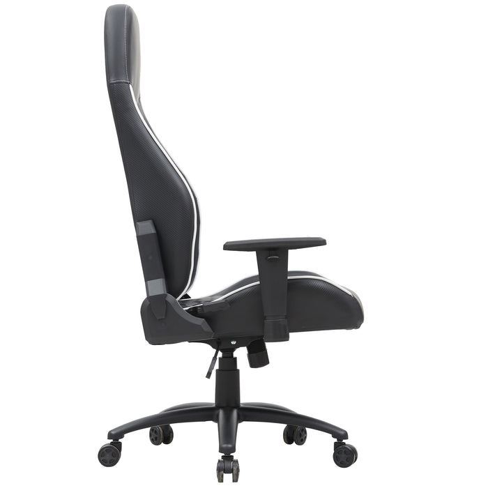 Side-facing view of modern black and white faux leather and strong iron adjustable gaming chair on white background
