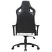 Front-facing back view modern black and white faux leather gaming chair on a white background