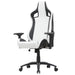 Left angled modern black and white faux leather gaming chair on a white background