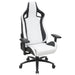 Right angled modern black and white faux leather gaming chair on a white background