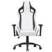 Front-facing modern black and white faux leather gaming chair on a white background