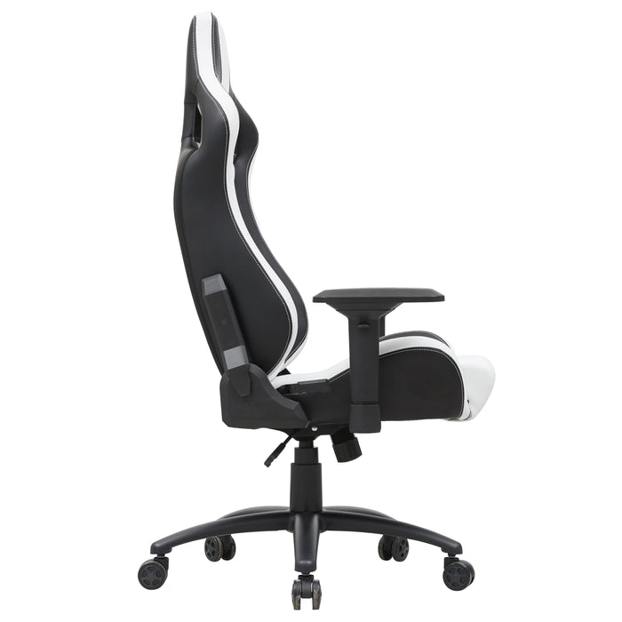 Front-facing side view modern black and white faux leather gaming chair on a white background