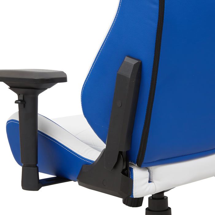 Left angled close up modern blue and white faux leather gaming chair adjustable armrest detail on a white background