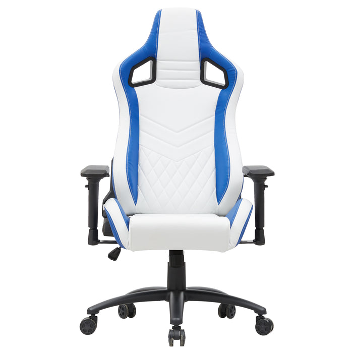 Front-facing modern blue and white faux leather gaming chair on a white background
