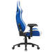 Front-facing side view modern blue and white faux leather gaming chair on a white background