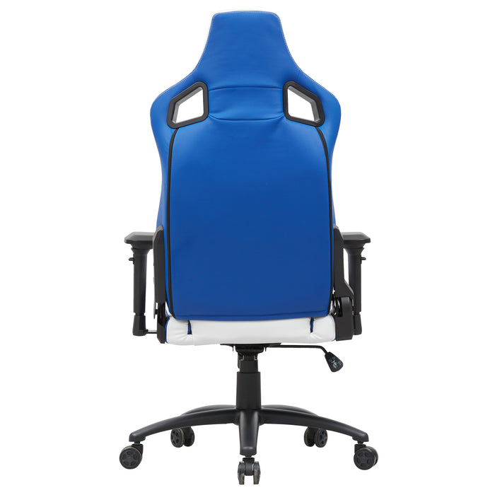 Front-facing back view modern blue and white faux leather gaming chair on a white background