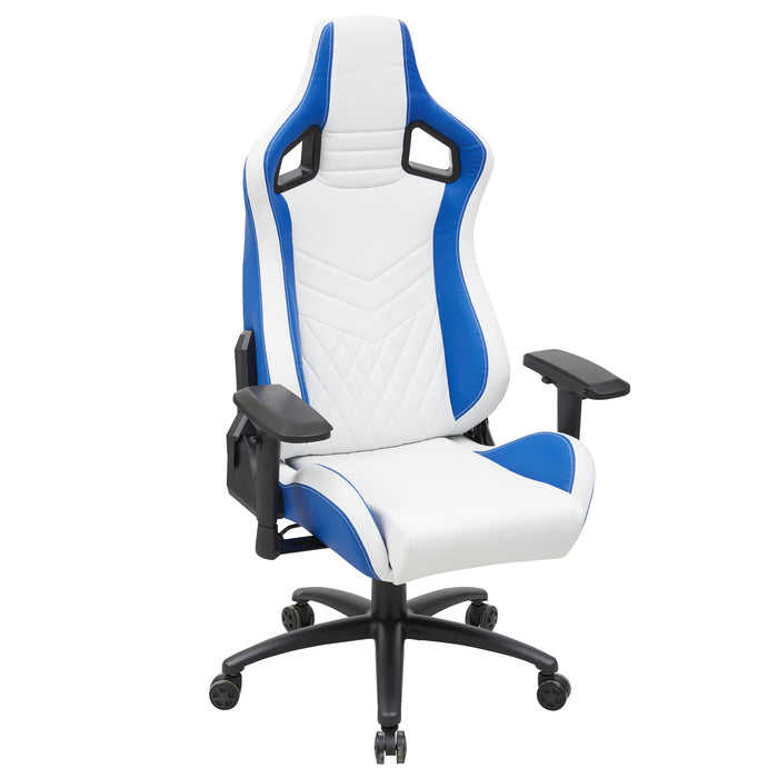 Right angled modern blue and white faux leather gaming chair on a white background