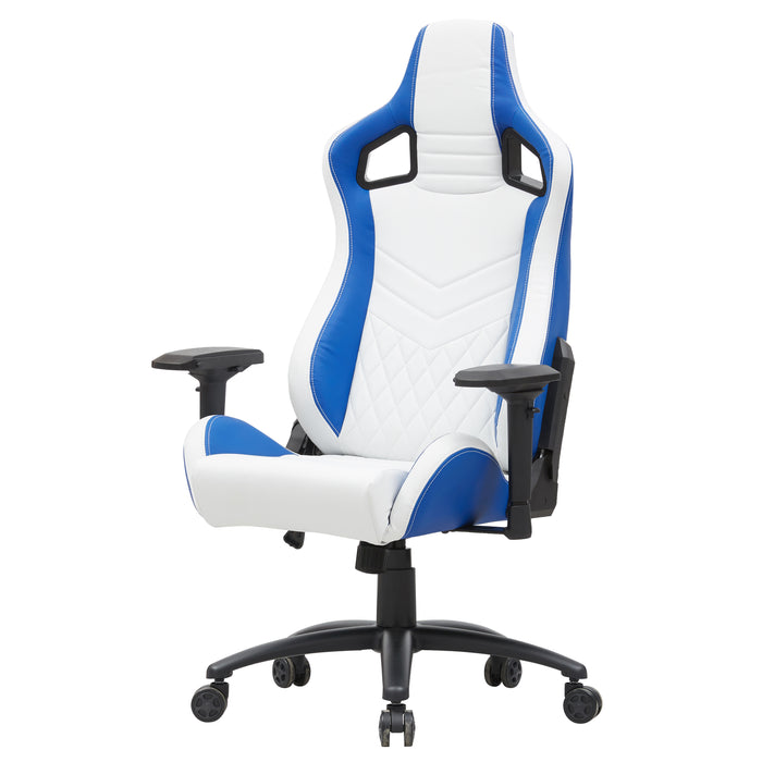 Left angled modern blue and white faux leather gaming chair on a white background