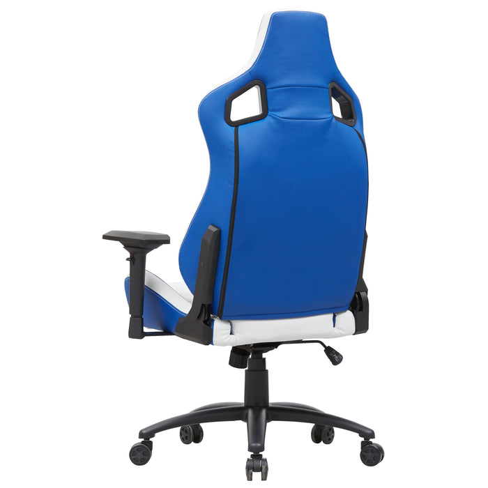 Left angled back view modern blue and white faux leather gaming chair on a white background