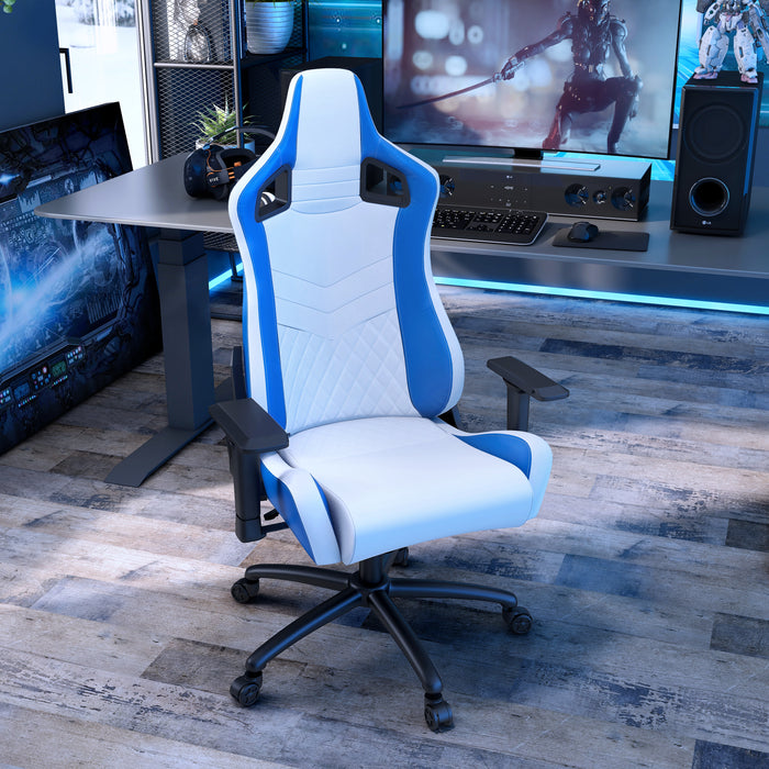 Right angled top view modern blue and white faux leather gaming chair at a desk with accessories