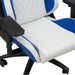 Right angled close up modern blue and white faux leather gaming chair seat detail on a white background