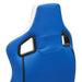 Right angled close up modern blue and white faux leather gaming chair upper backrest detail on a white background