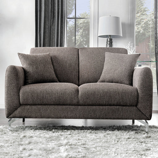Front view of transitional brown poly fabric upholstered loveseat in living room with accessories.