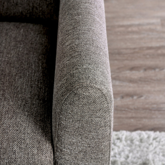Slightly elevated front-facing view of track arm of transitional brown poly fabric upholstered loveseat.