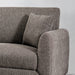 Slightly right-angled view of right edge of transitional brown poly fabric upholstered sofa.