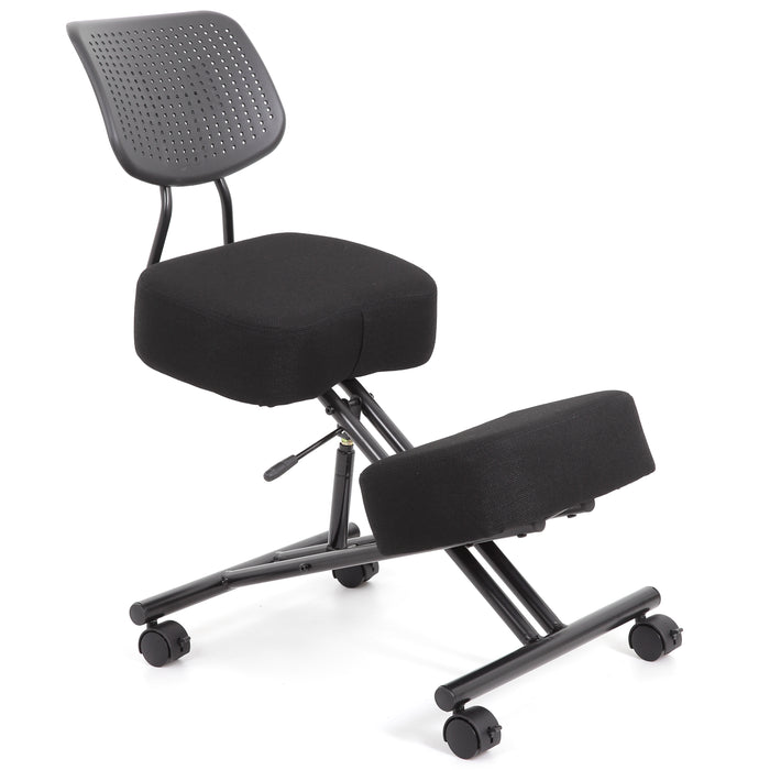 Right angled modern black ergonomic kneeling chair with wheels on a white background
