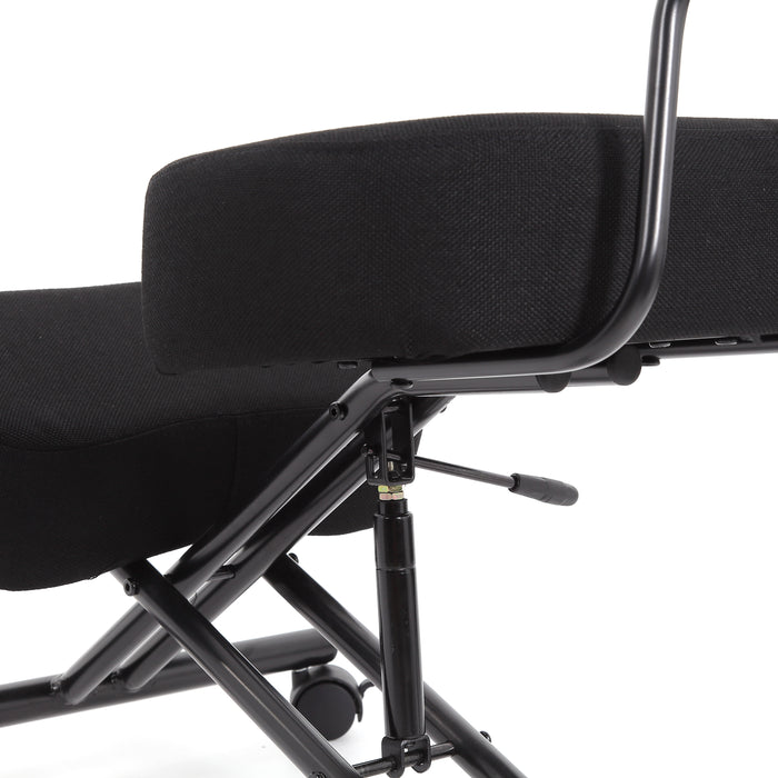 Right angled close up modern black ergonomic kneeling chair with wheels seat and adjustment detail on a white background