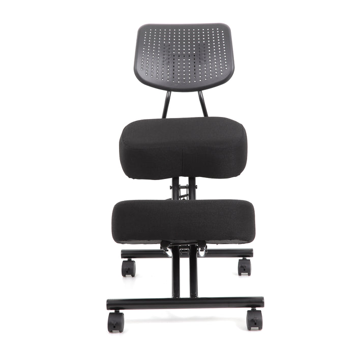 Front-facing modern black ergonomic kneeling chair with wheels on a white background
