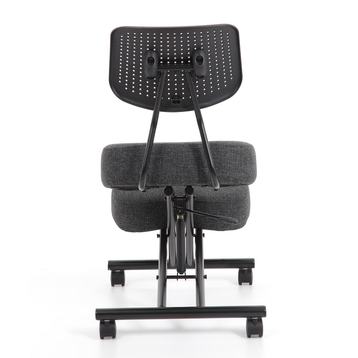 Front-facing back view modern gray ergonomic kneeling chair with wheels on a white background