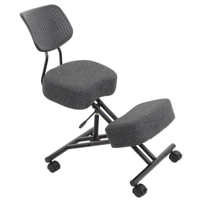 Right angled modern gray ergonomic kneeling chair with wheels on a white background