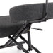 Left angled close up modern gray ergonomic kneeling chair with wheels seat and adjustment detail on a white background