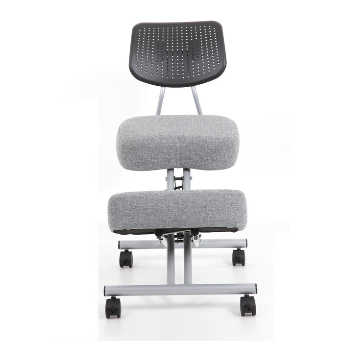 Front-facing modern light gray ergonomic kneeling chair with wheels on a white background