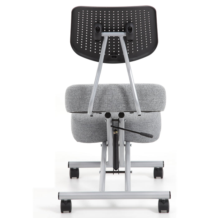 Front-facing back view modern light gray ergonomic kneeling chair with wheels on a white background