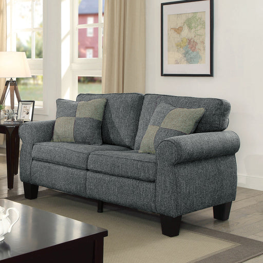 Right-angled dark gray loveseat with checkered pillows with accessories