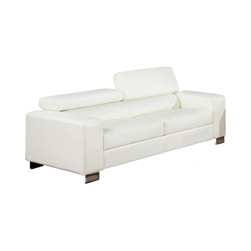 Right angled contemporary white faux leather sofa on white background.