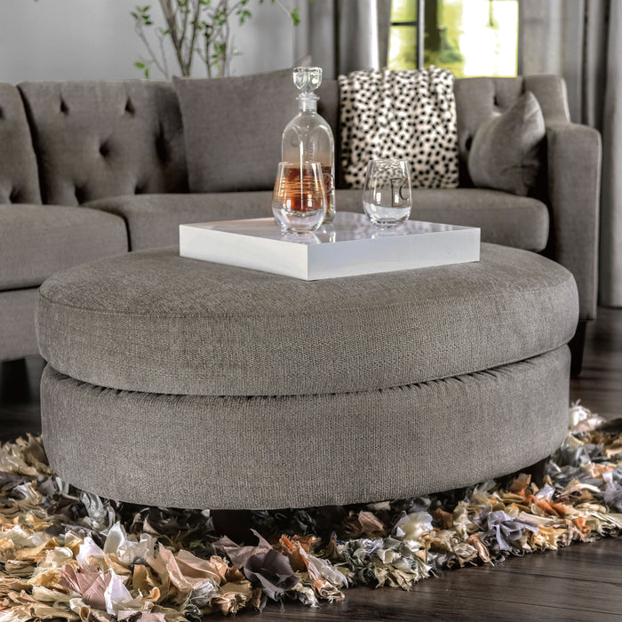 Odette Grey Linen-like Fabric Round Ottoman