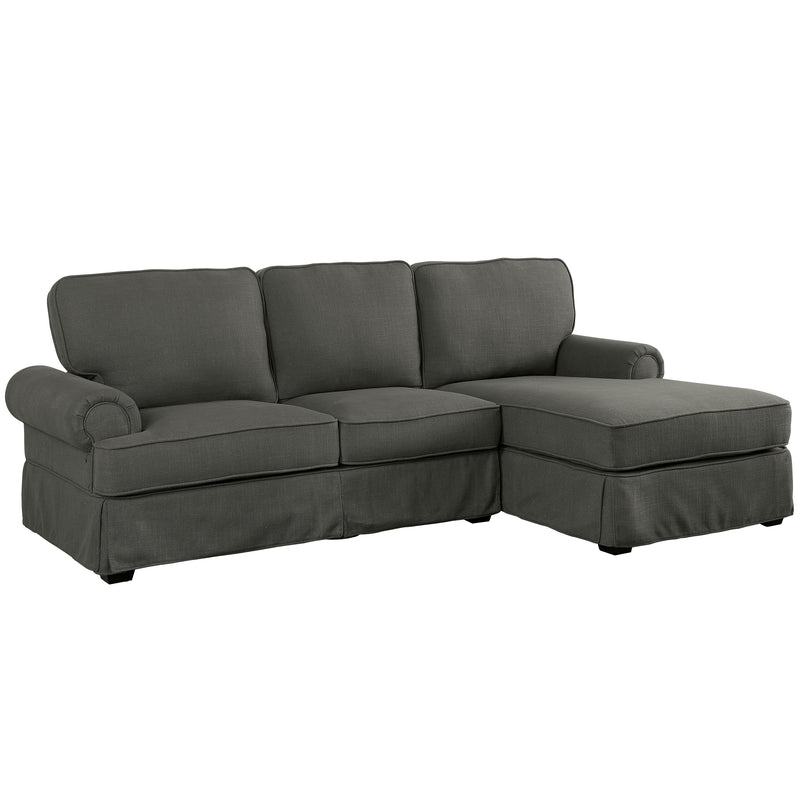 Right-angled transitional sectional sofa with right-facing chaise and rolled arms on a white background