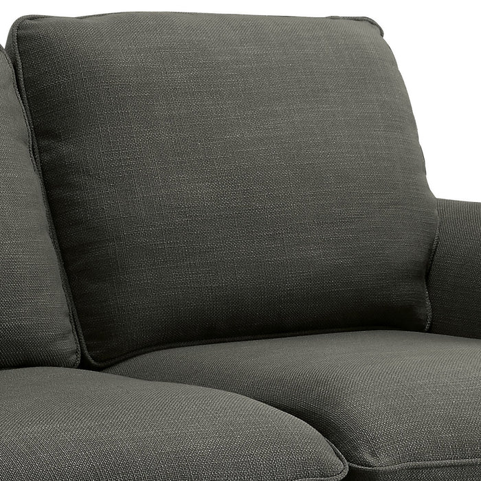 Right-angled close up transitional loveseat plush back and seat cushion detail on a white background