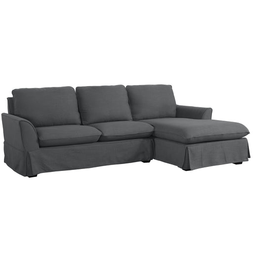 Right-angled transitional sectional sofa with right-facing chaise, flared arms and skirted base on a white background