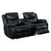Right angled view of black breathable faux leather two-seat recliner loveseat on white background.