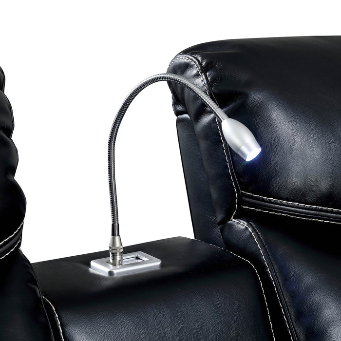 Close-up view of console lamp detail on black breathable faux leather two-seat recliner loveseat.