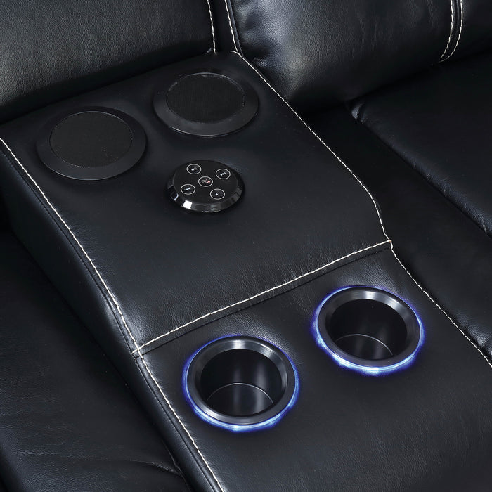 Close-up view of console controls and beverage holder detail on black breathable faux leather two-seat recliner loveseat.