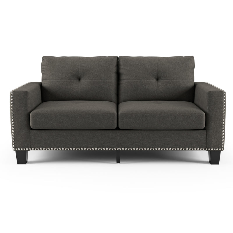 Front-facing view of modern gray fabric sofa on white background.