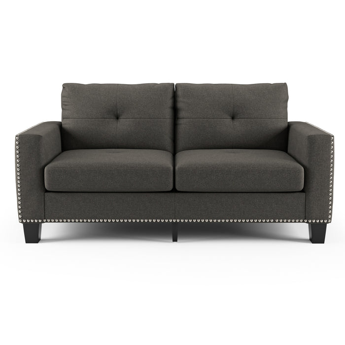 Front-facing view of modern gray fabric sofa on white background.