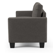 Side-facing view of modern gray fabric sofa on white background.