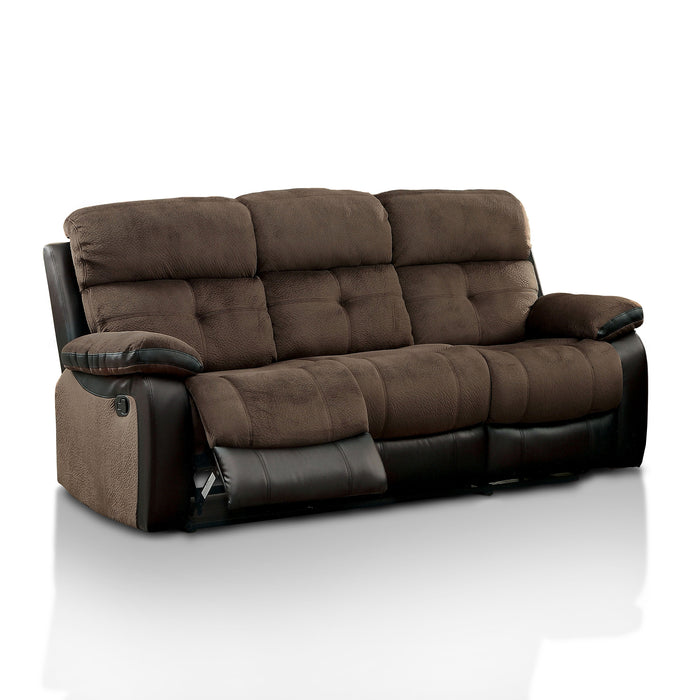 Right angled transitional brown with black faux leather recliner sofa on a white background